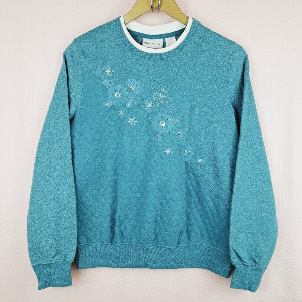Alfred Dunner Beautiful Blue Floral Sweater Quilted Size PS Long Sleeve